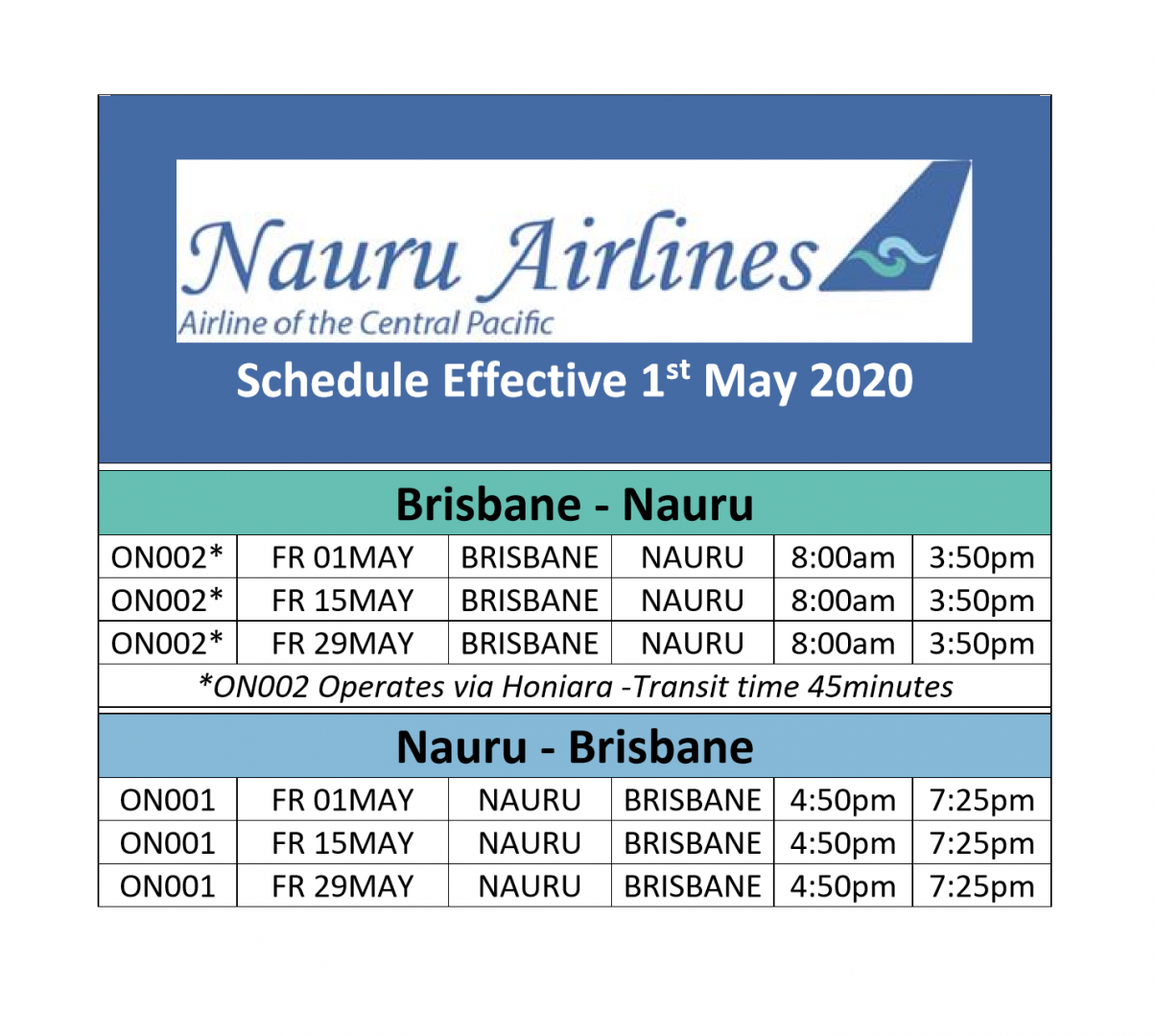 Flight Schedules Nauru Airlines